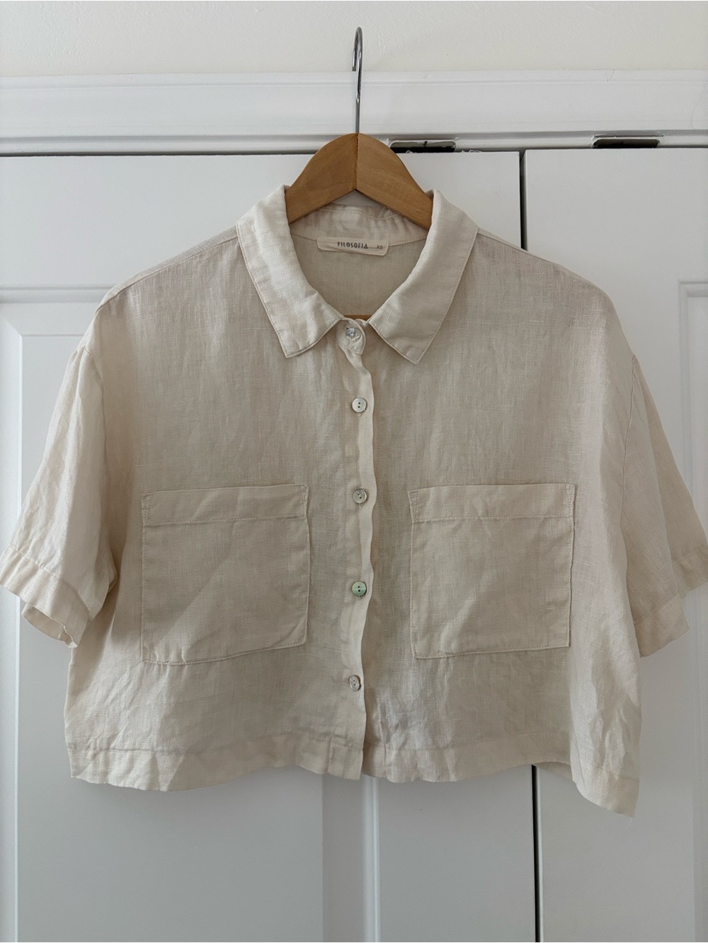 FILOSOFIA 100% LINEN IVORY CROPPED BUTTON UP